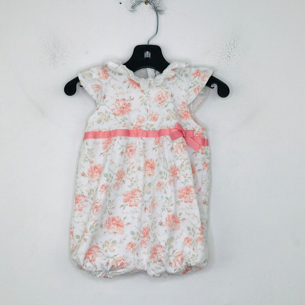 Laura Ashley Baby 18M Outfit White Pink Floral Ruffle Lace Bow Cap Sleeve CN29